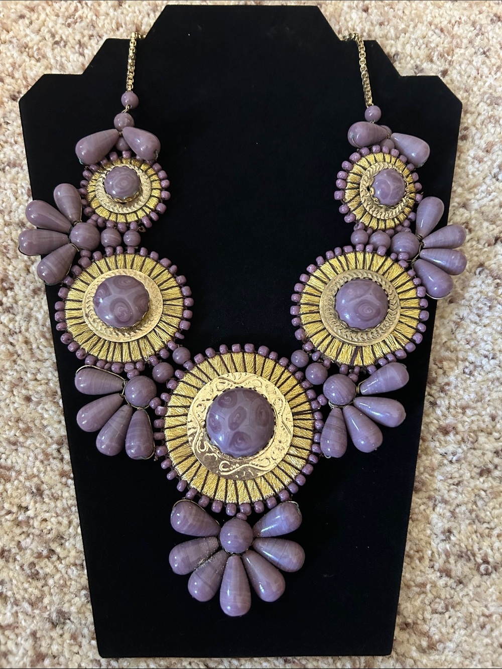 Hand Crafted Purple and Gold Floral Medallion Necklace